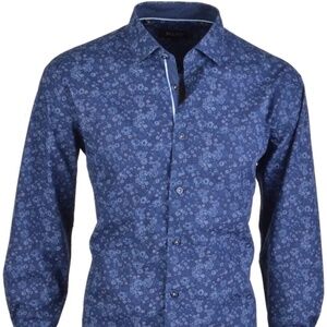 Spazio Dark Blue Tonal Floral Print Long Sleeve Button Up Shirt